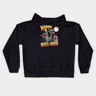 Skeleton Riding Zombie Dinosaur Happy Halloween Kids Hoodie